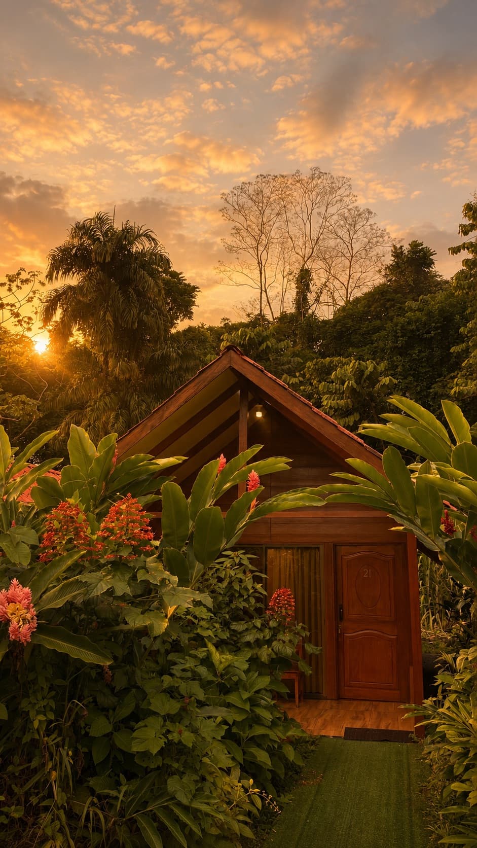 Entrada de una cabaña entre flores tropicales
