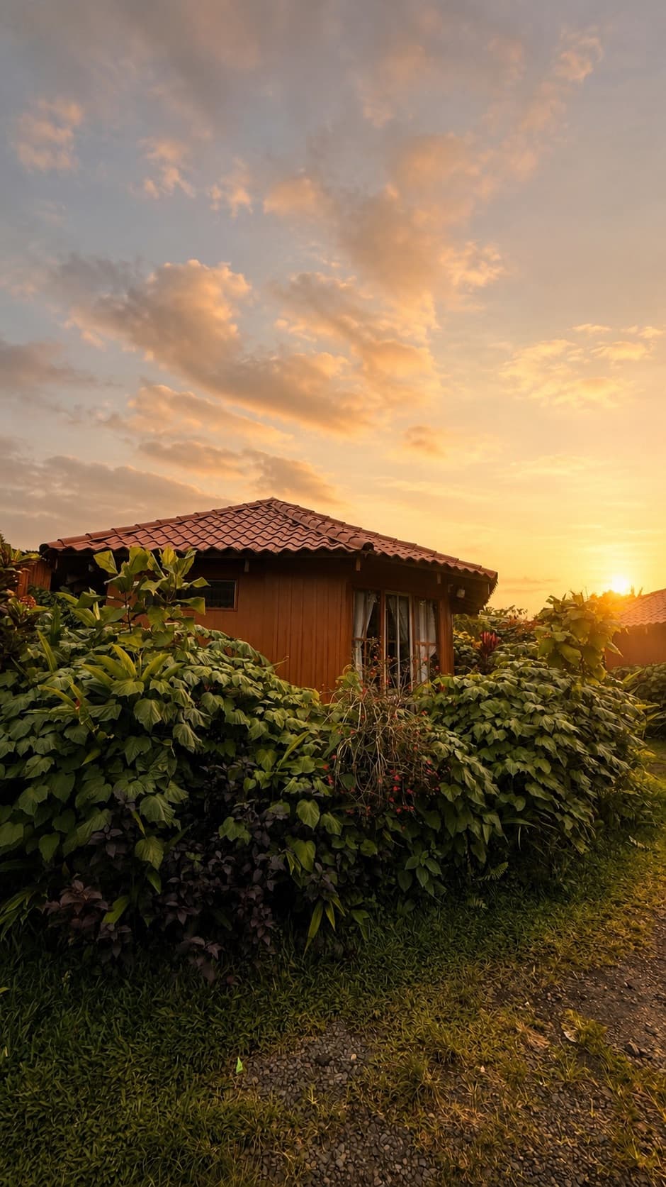 Cabaña rodeada de jardines tropicales al atardecer