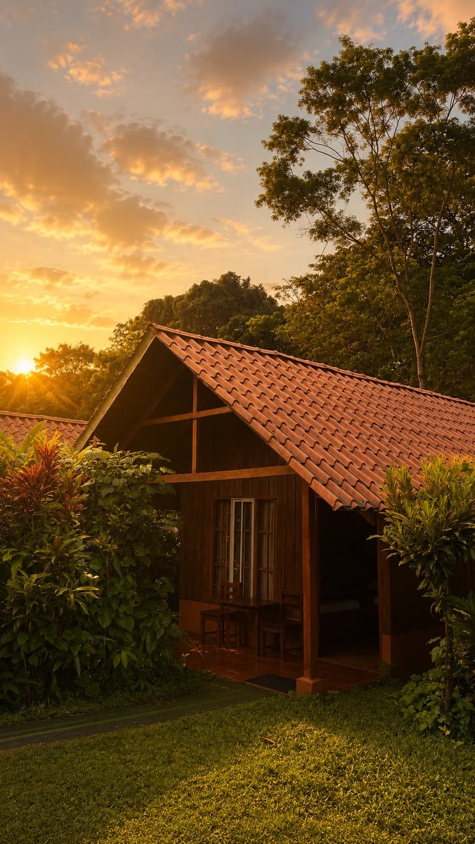 Cabaña con porche al atardecer